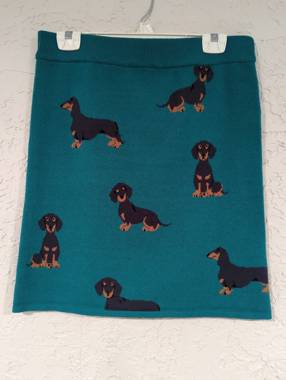 NWT Lala Teal Dachshund Knit Pencil Skirt Women's XL Whimsy Dog Fall Cozy Cutsey